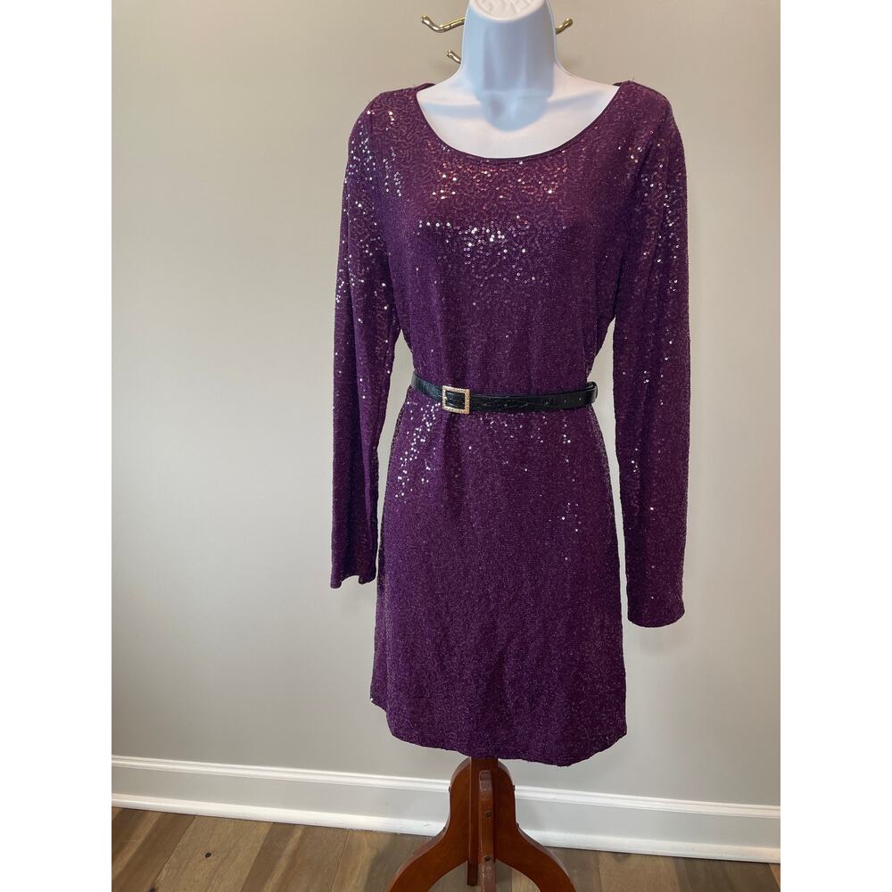 Express Purple Sequin Dress Size L Long Sleeve Party Belted Option Shimmer